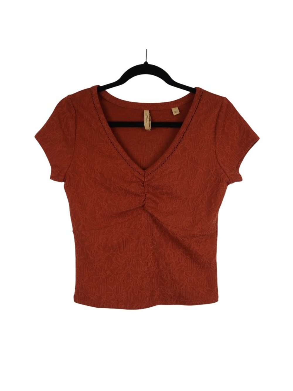 Shyanne S Rust Textured Short Sleeve Cinched V-Neck Top Western Boho